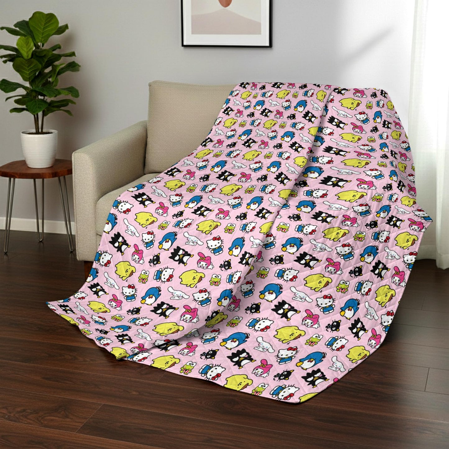Northwest Hello Kitty & Friends Reversible Quilted Throw, Kawaii Checkered Pattern, Comfy Throw, for Anime Fans, Game Room, Chair or Couch, 60 x 80 Inches