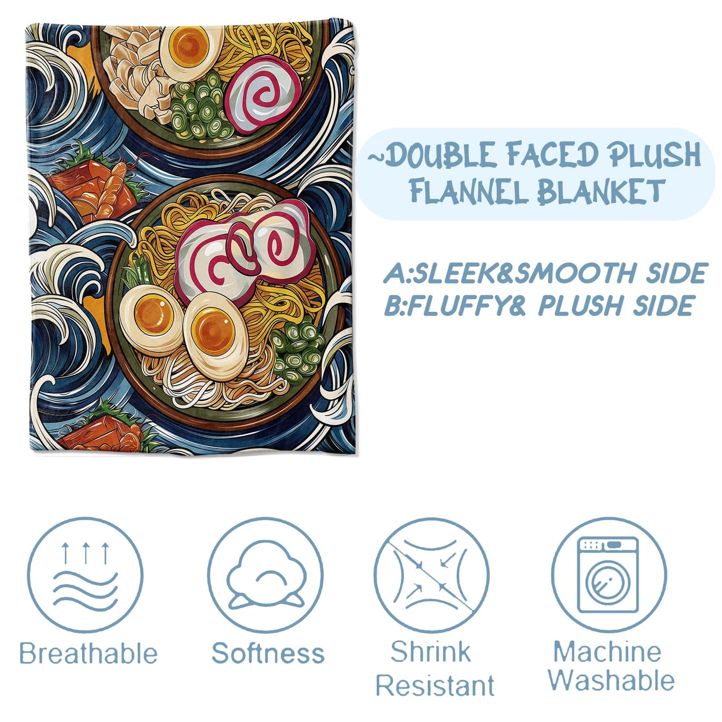 Zeleda Ramen Blanket for Adults Kids, Ramen Gifts Bedding Decor Flannel Ramen Throw Blanket, Japanese food Ramen Stuff Decorations Warm Soft Blanket for Bed Sofa Office 60"" x 50""