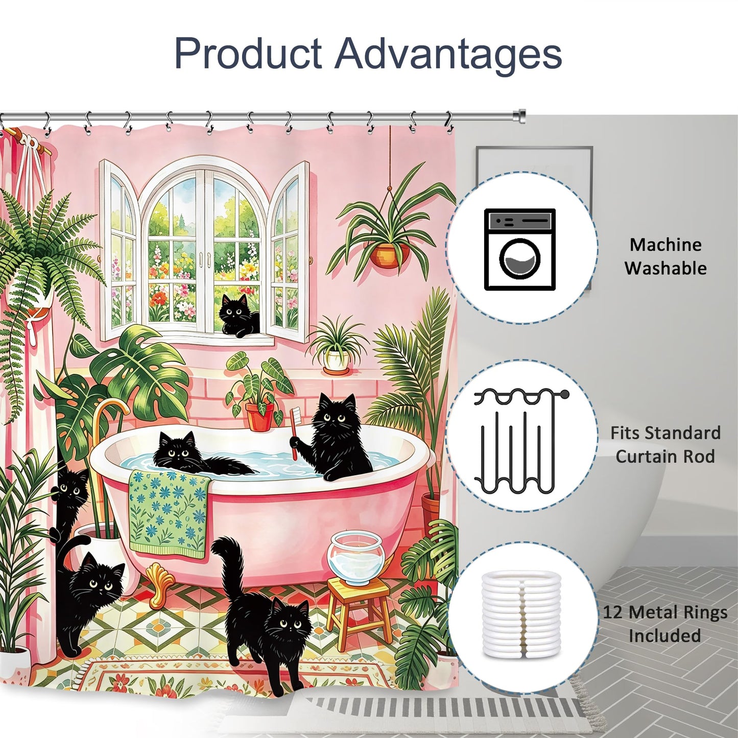 Kalmico Funny Black Cat Cute Shower Curtain 60Wx72L Inch Tropical Pink Green Lovely Kitten Botanical Bathroom Set Accessories Decor with 12 Pack Hooks