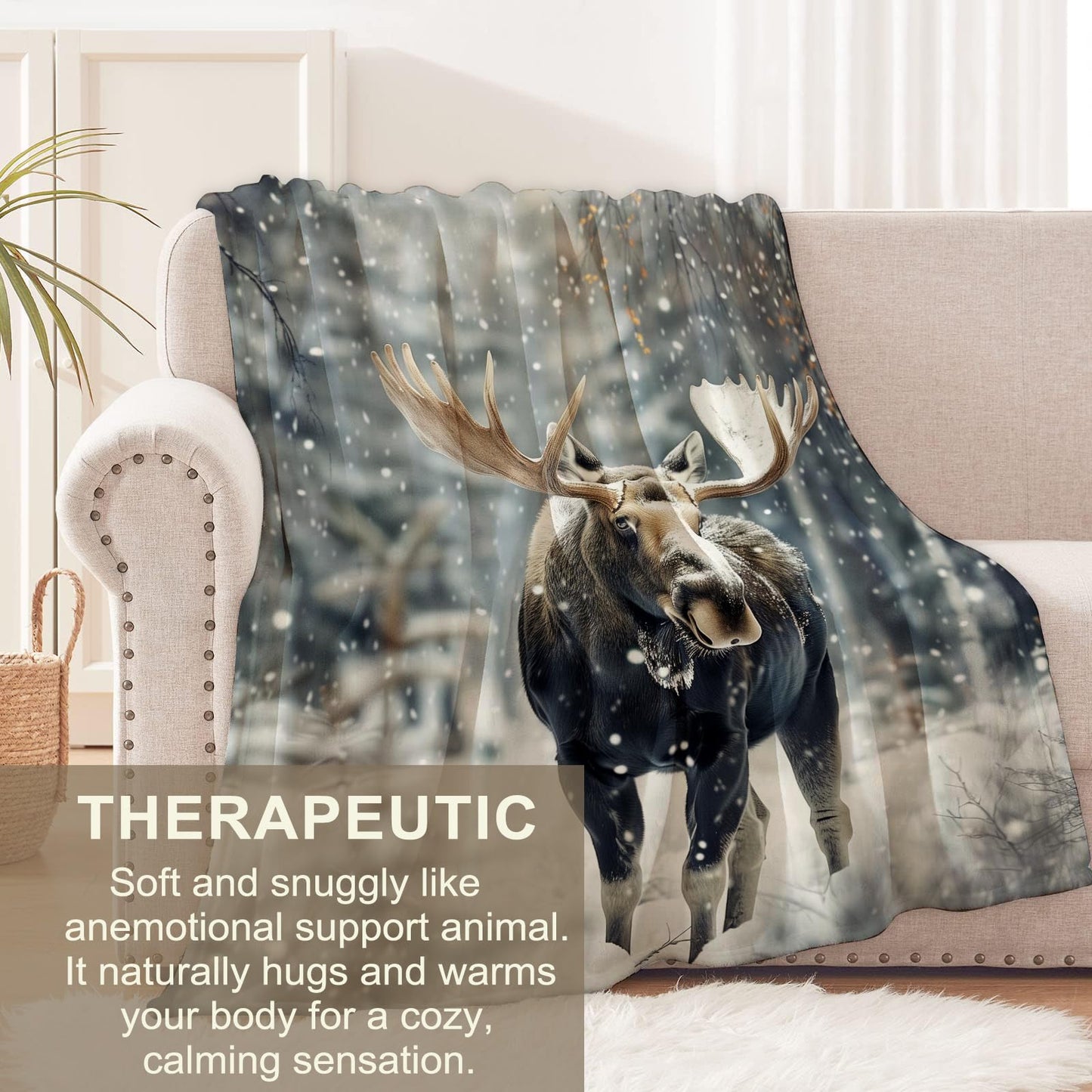 cromcu Moose Blanket for Kids and Adults, Wildlife Snow Scene, Soft Lightweight Throw, for Sofa, Bed, Traveling, Camping Winter Animal Decor Gifts, Single-Sided Printing, 50x60 Inches