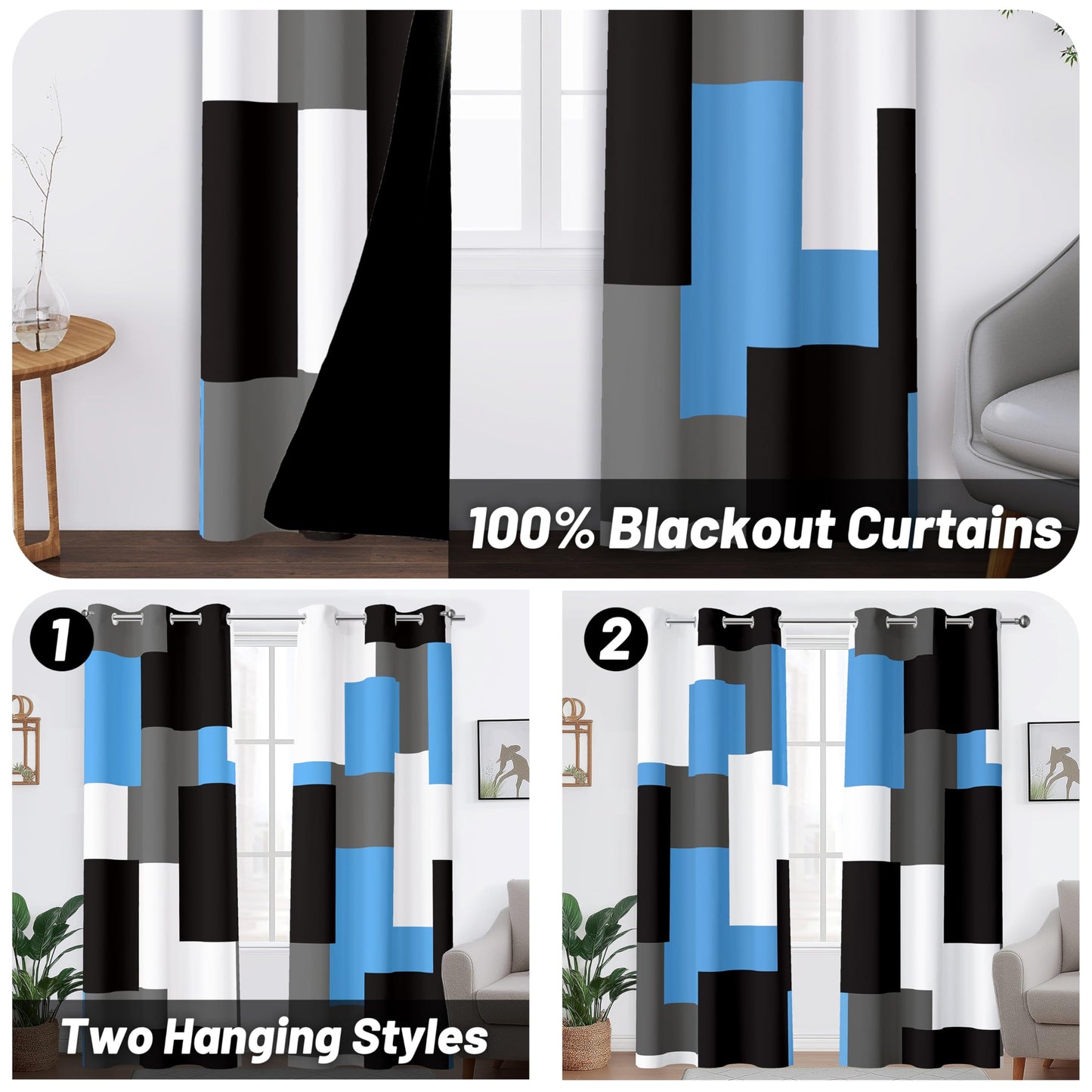 Tyrot Light Blue 100% Blackout Curtains for Bedroom 63 inch Length 2 Panels Set Black Grey Modern Abstract Geometric Black Out Curtains Insulated Room Darkening Window Drapes for Living Room, 42Wx63L