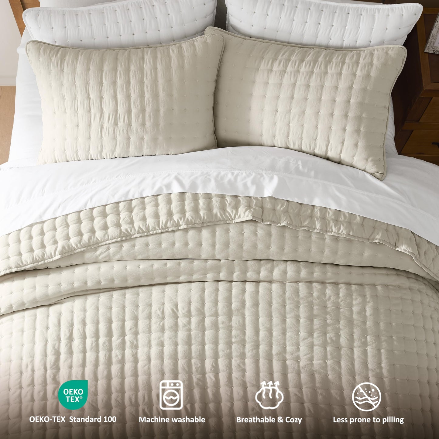 WDCOZY Beige Queen Size Quilts Bedding Sets with 2 Pillow Shams, Neutral Lightweight Soft Bedspread Coverlet, Quilted Blanket Thin Comforter Bed Cover for All Season, 3 Pieces, 90x90 inches