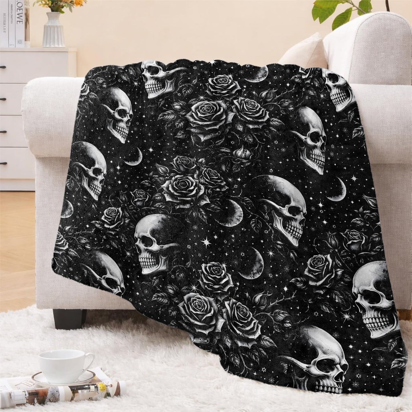 cromcu Skull Throw Blanket Warm Lightweight, Moon Rose Gothic Flannel Blankets Gifts for Women Men Goth Lovers, Home Decor Throws for Couch Sofa Camping Office Travel, Black 60"X50"