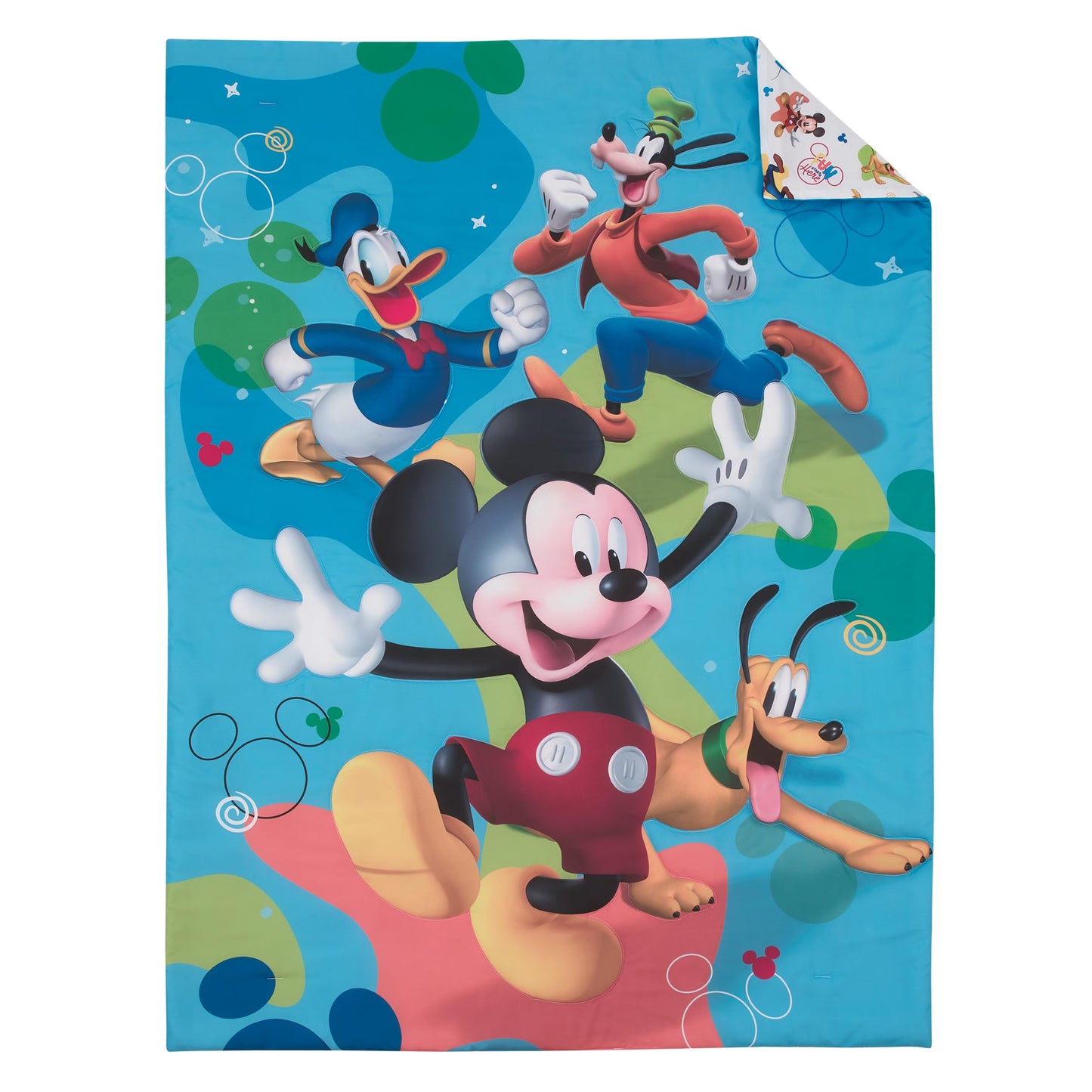 NoJo Disney Mickey Mouse Blue, Red, and Green, Donald Duck, Pluto, and Goofy, Fun Starts Here 4 Piece Toddler Bed Set - Comforter, Fitted Bottom Sheet, Flat Top Sheet, and Reversible Pillowcase