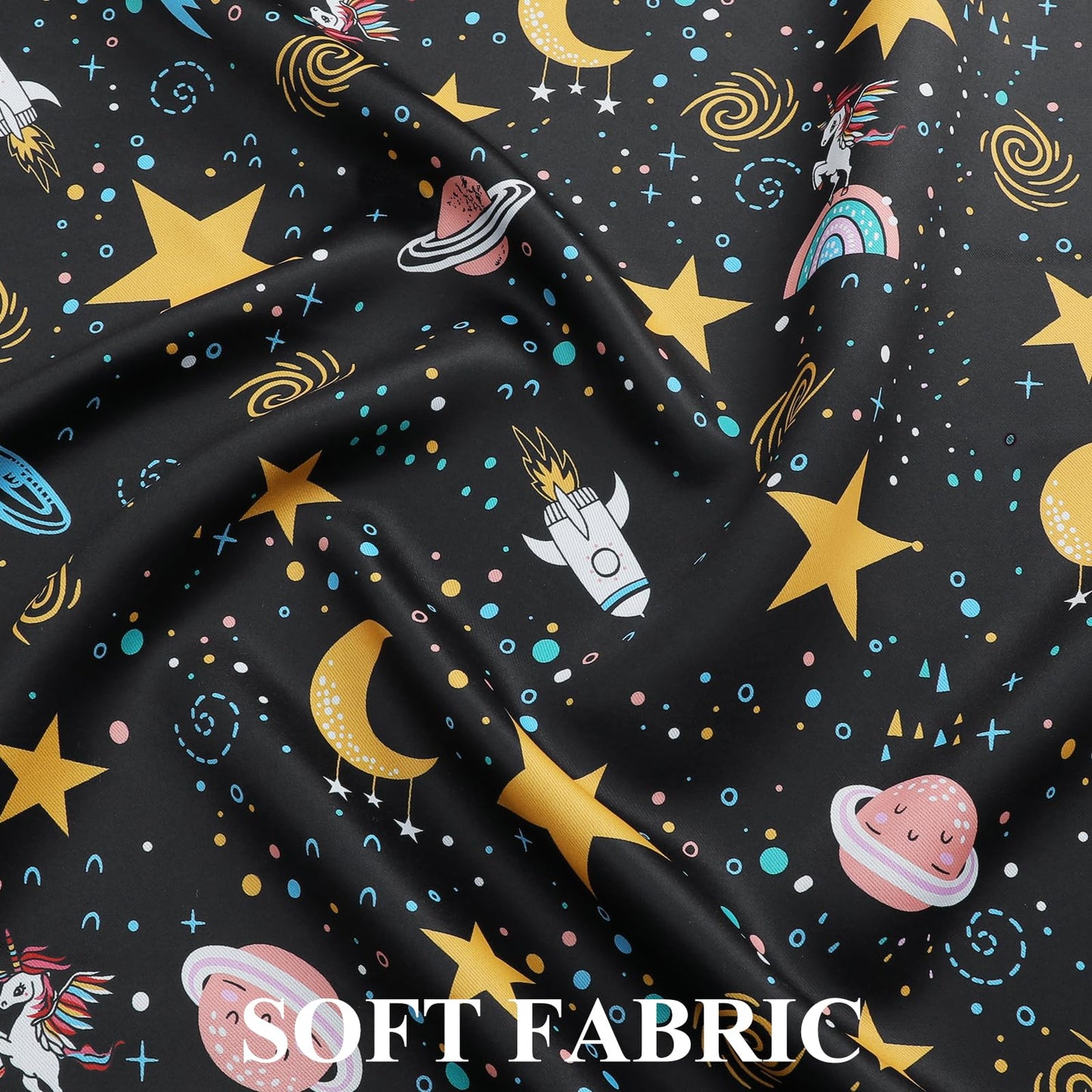 Estelar Textiler Unicorn Planet Printed Black Blackout Curtains 63 Inch Long for Nursery, Thermal Insulated Room Darkening Star and Moon Grommet Window Drapes for Kids Bedroom(38"W x 63"L, 2 Panels)