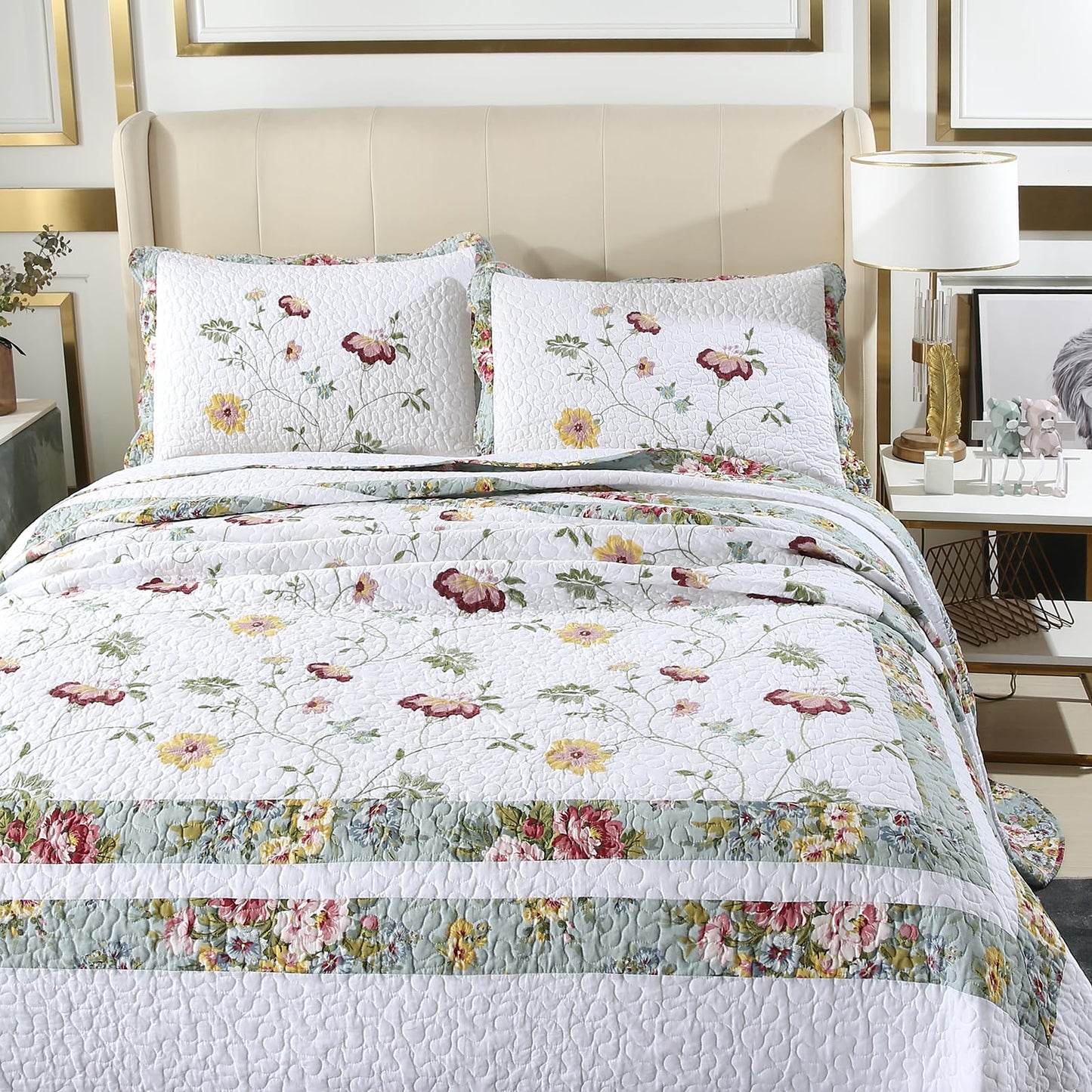 ROOMLIFE Quilt Set Queen Size 3D Floral Embroidery Pattern 3-Piece Cotton Reversible Quilted Embroidered Decorative Bedspreads Coverlet Bedding Set, Lightweight &Soft, All Season(104" X 90.5") Green