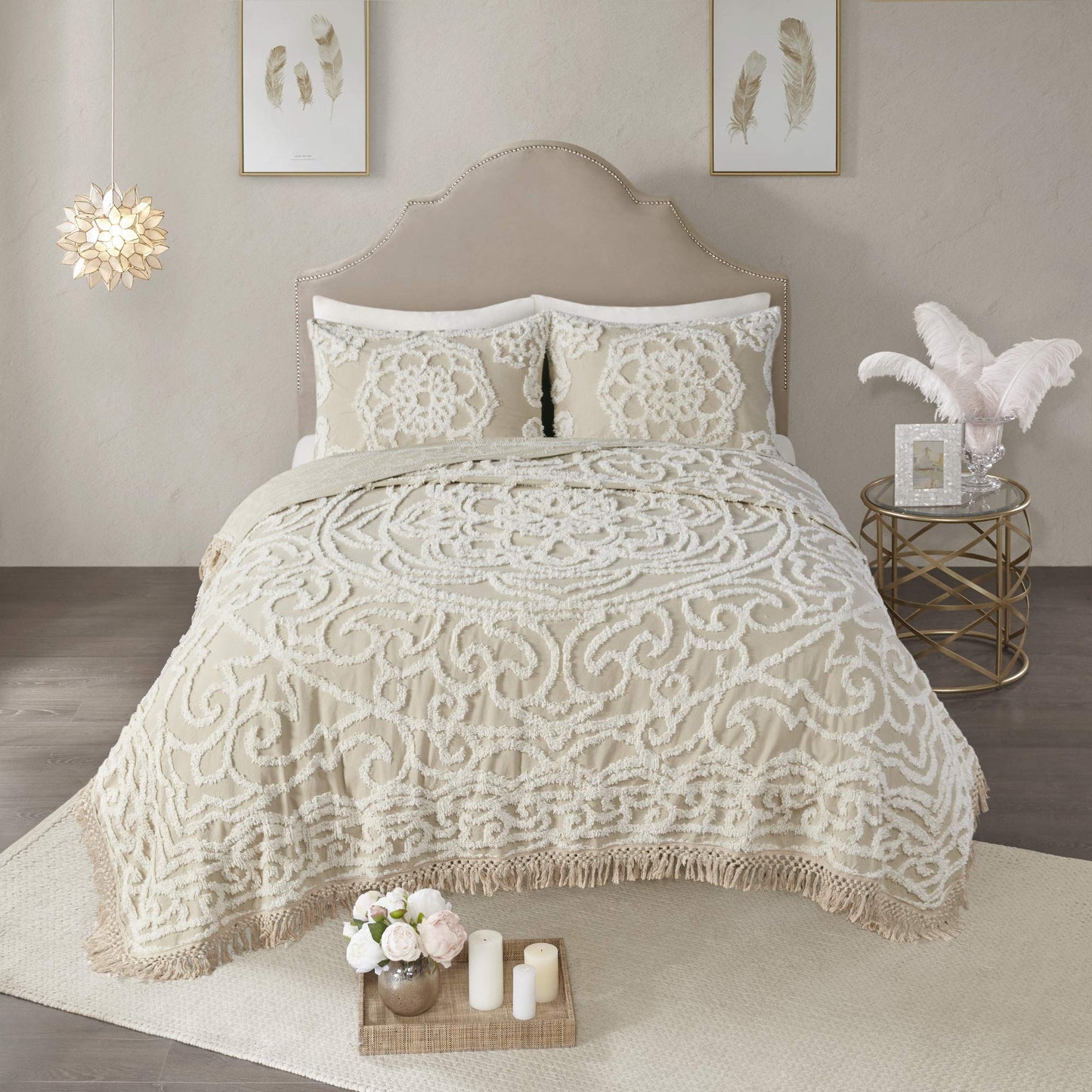 Madison Park Laetitia Lightweight 100% Cotton Quilt Set, Breathable Chenille Tufted, Shabby Chic Boho Medallion Design, Sham, Floral Taupe w/ Tassels, Full/Queen-2 Piece