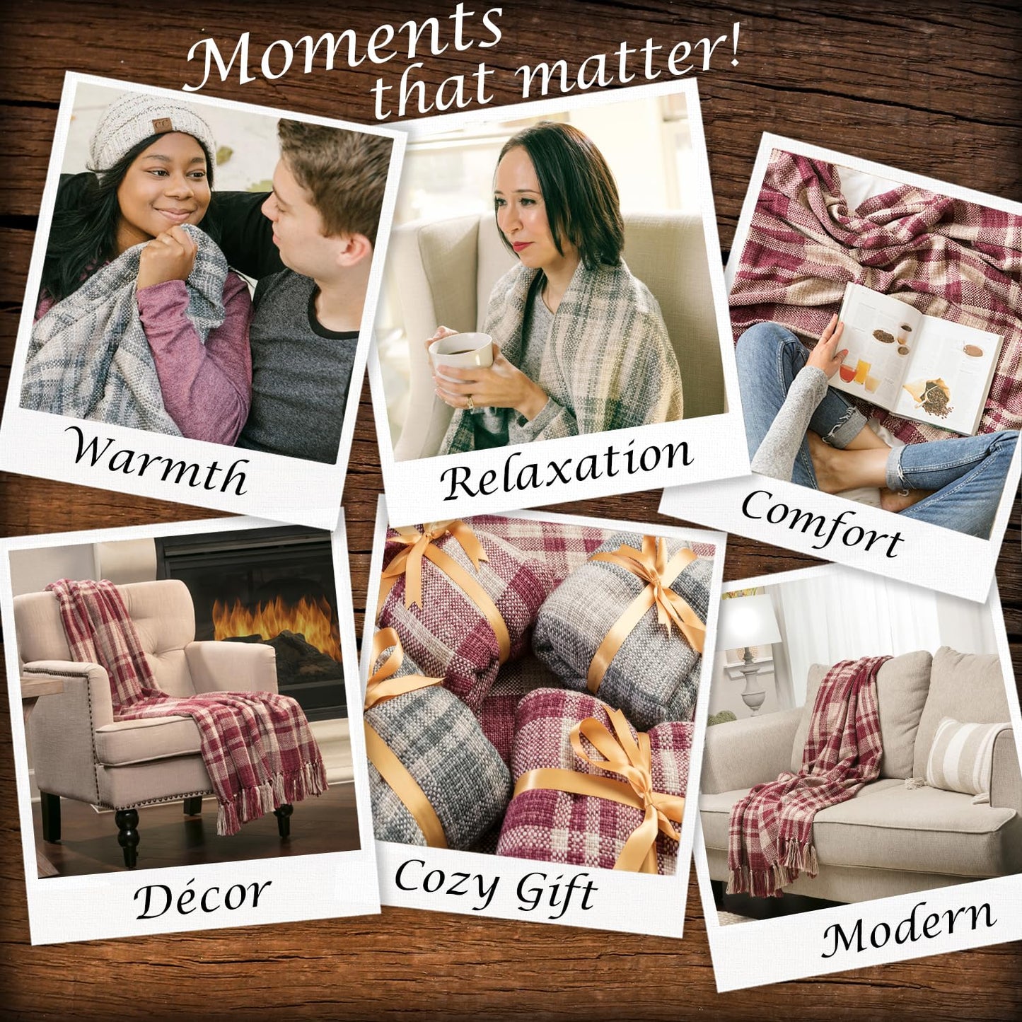 Chanasya Premium Farmhouse Pattern Plaid Throw Blanket Lightweight Knit Textured Woven Decorative Blanket for Couch Bed Living Room Blankets with Tassels Throw Blanket (50x65 Inches) Rust