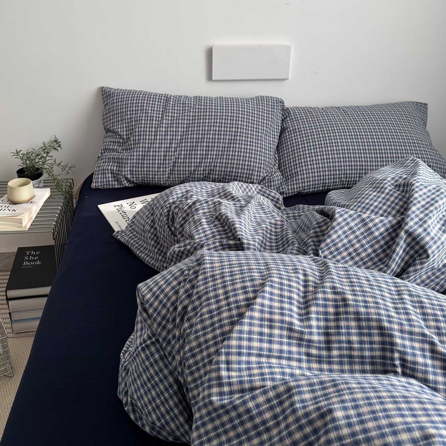 VM VOUGEMARKET Demin Blue Gingham Duvet Cover Queen 3 Pieces Neutral Plaid Grid Duvet Cover 100% Washed Cotton Comforter Cover with 2 Pillowcases Farmhouse Checkered Bedding Set