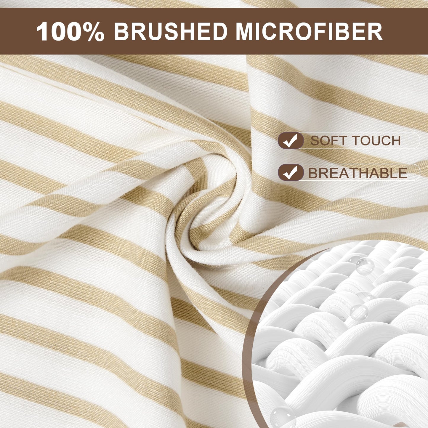 FreshCulture Queen Fitted Sheet - Hotel Quality, Ultra Soft & Breathable Brushed Microfiber, Deep Pocket, Cooling Fitted Sheets for Queen Size Bed (Stripe Beige)