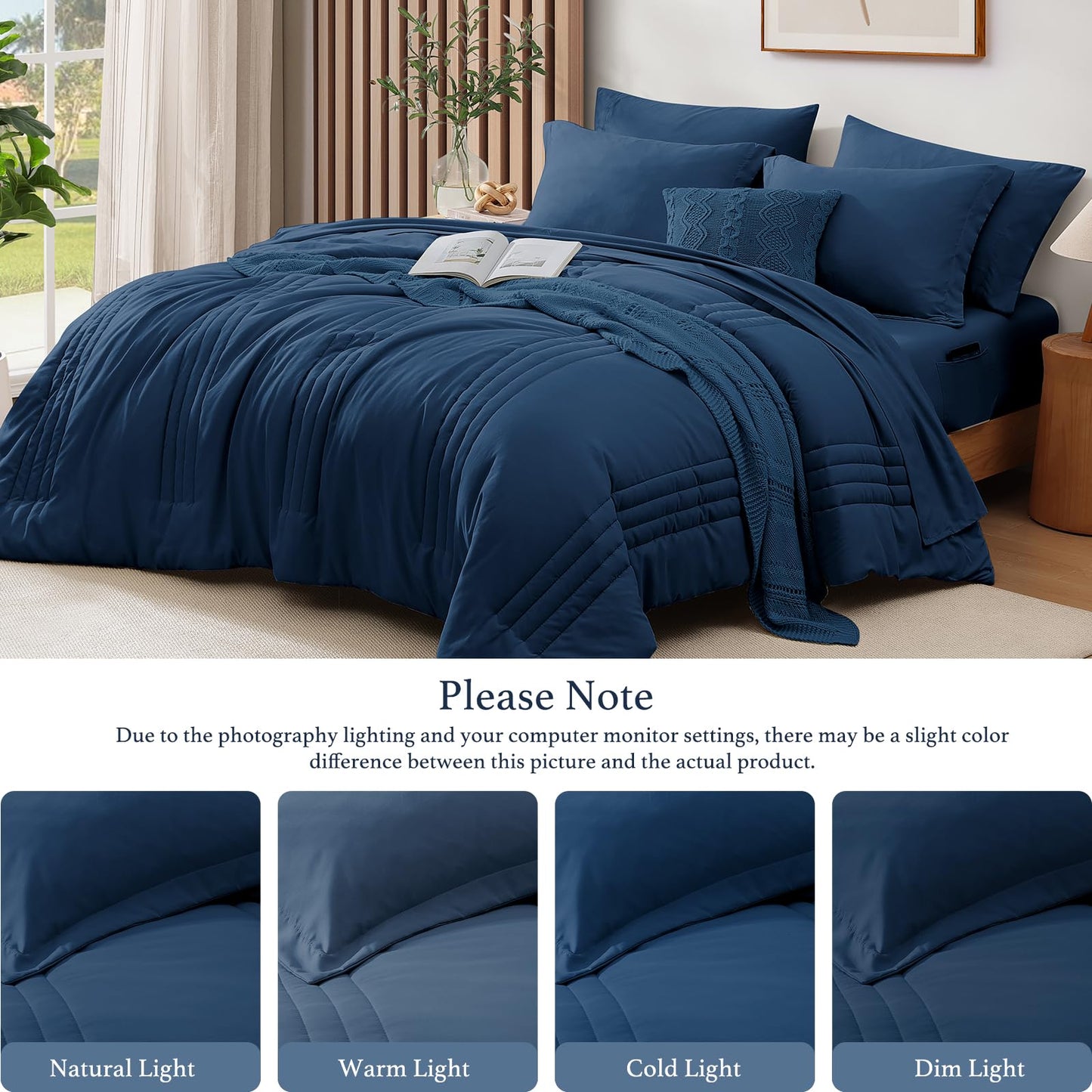 Monbix Queen Comforter Set - 7 Pieces Serenity Blue Bed in a Bag, Queen Size Bedding Sets with Comforters, All Seasons Comforter with Sheets,Pillowcases & Shams