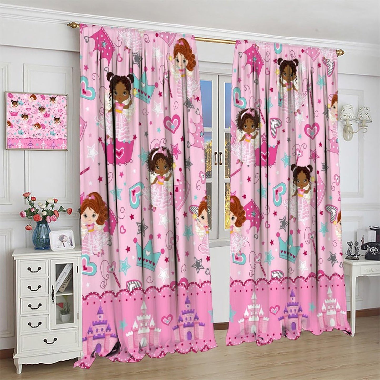 AAVEUP Kids Black Girls Curtains,Cartoon Pink Fantasy Magic Princess Castle Star Love African American Black Girl Window Treatments Drapes for Girls Living Room Bedroom 42x45in（No Blackout）