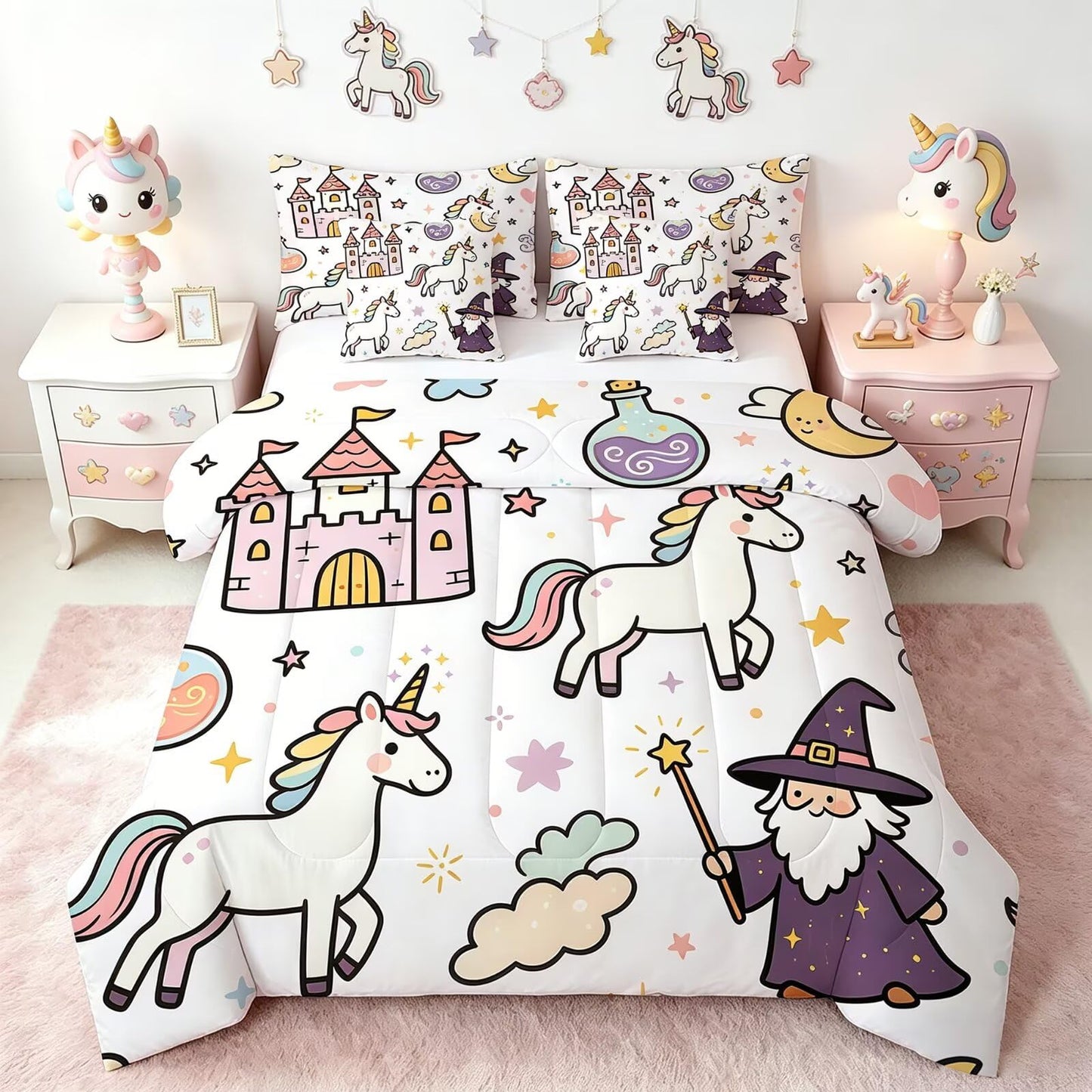FUYEUN Cartoon Cute Unicorn 7 Piece Twin Comforter Set for Girls Toddler
