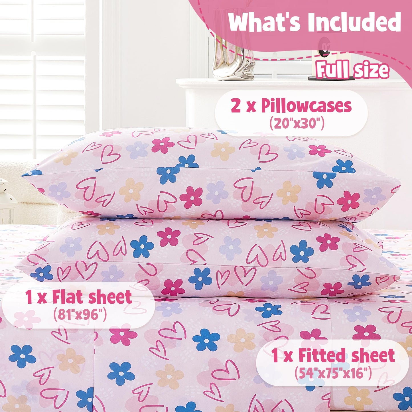 CozySmile Full Sheet Set Kids,4 Pieces Breathable Soft Microfiber Bedsheets for Child Girls, Oeko-TEX, Anti Pilling Deep Pockets Easy Care Bed Sheets, Heart