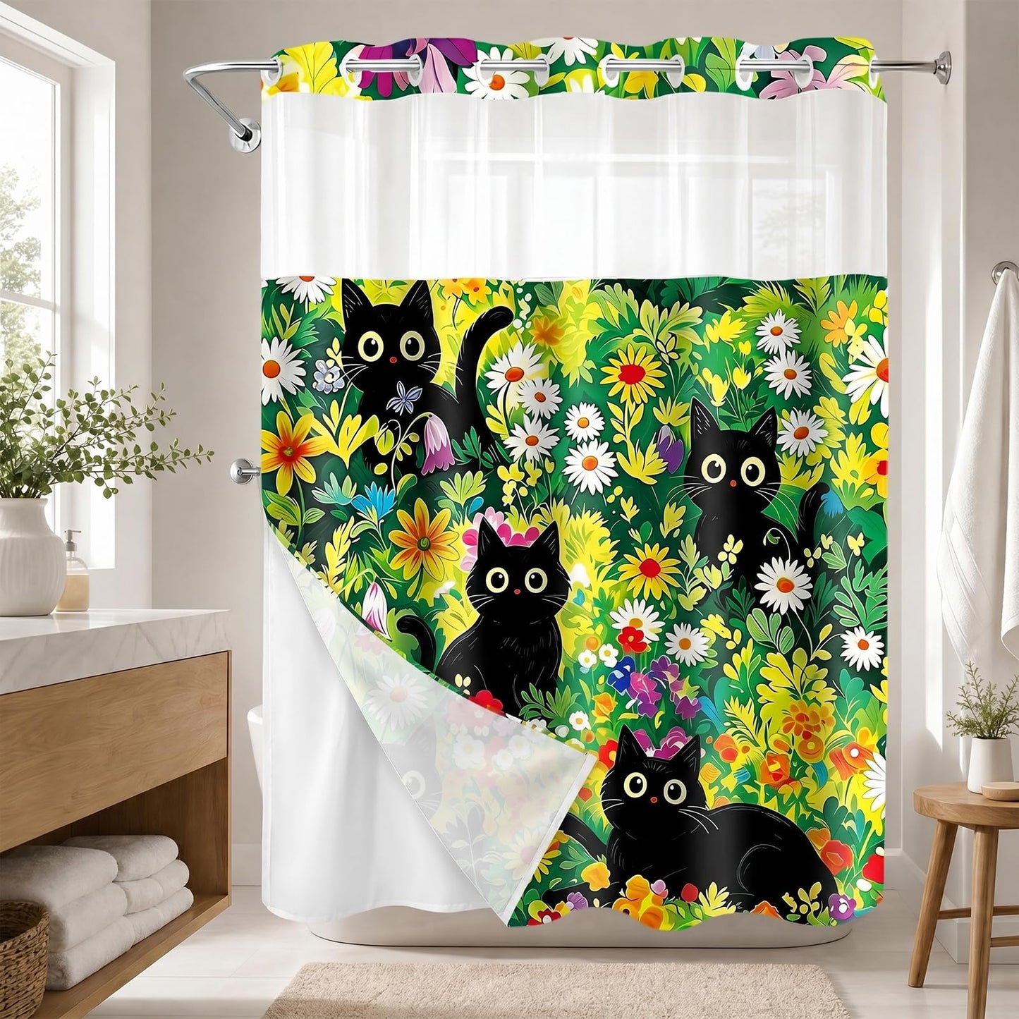 VISSTREE No Hook Shower Curtain and Liner Set, Black Cat Shower Curtain