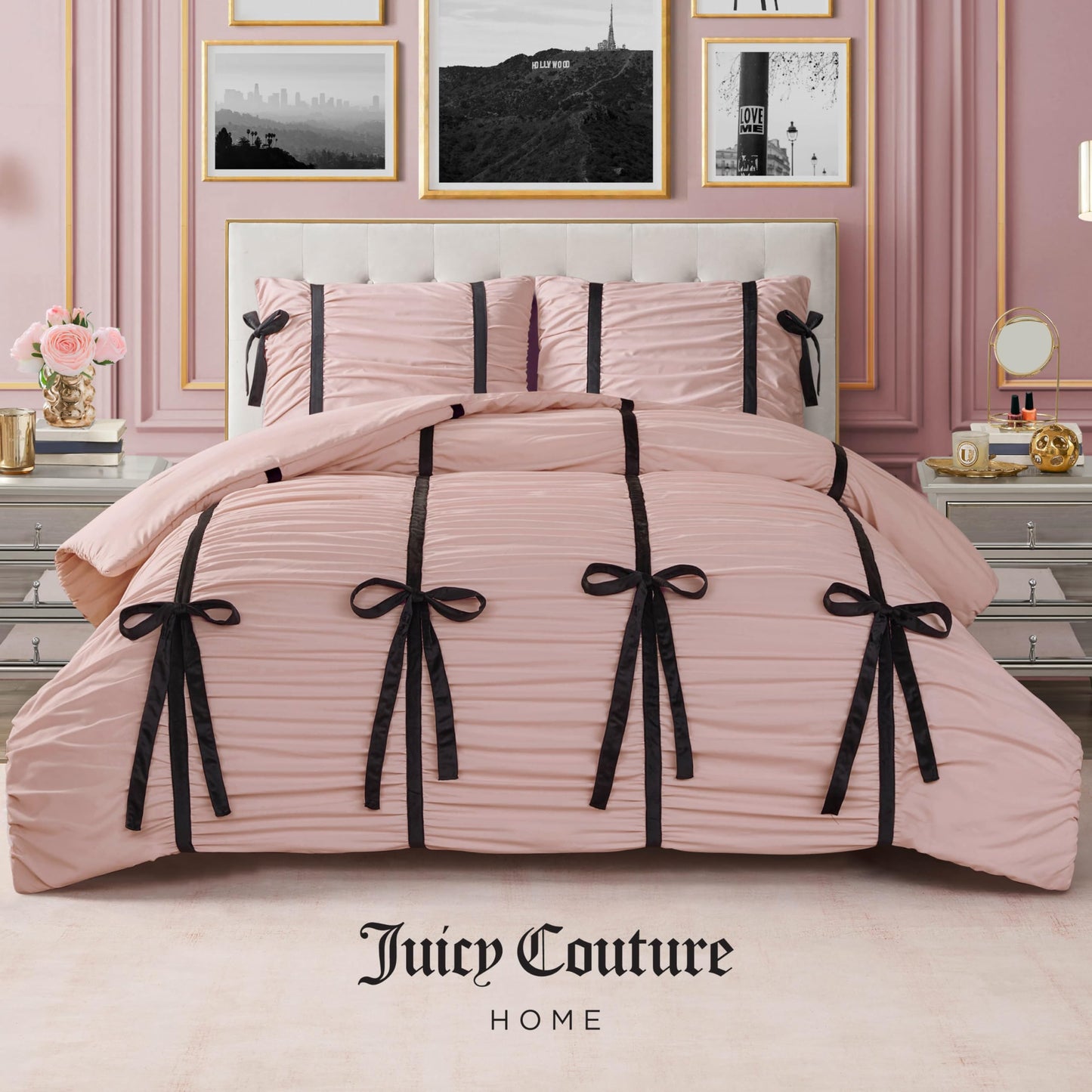Juicy Couture Light Pink Amelie Velvet Bows Ruched King Comforter Set - 3 Piece Stylish Bedding Ensemble