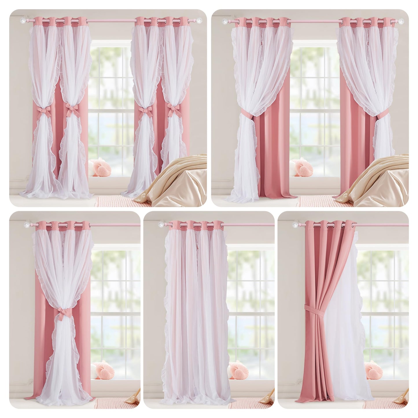 PONY DANCE Pink Blackout Curtains for Nursery, Double Layer Bow Curtains with Ruffle Sheer Overlay for Girls Bedroom, Cute Shabby Chic Kids Toddler Room Decor Drapes Coquette Style, 52x84 inch, 2 PCs
