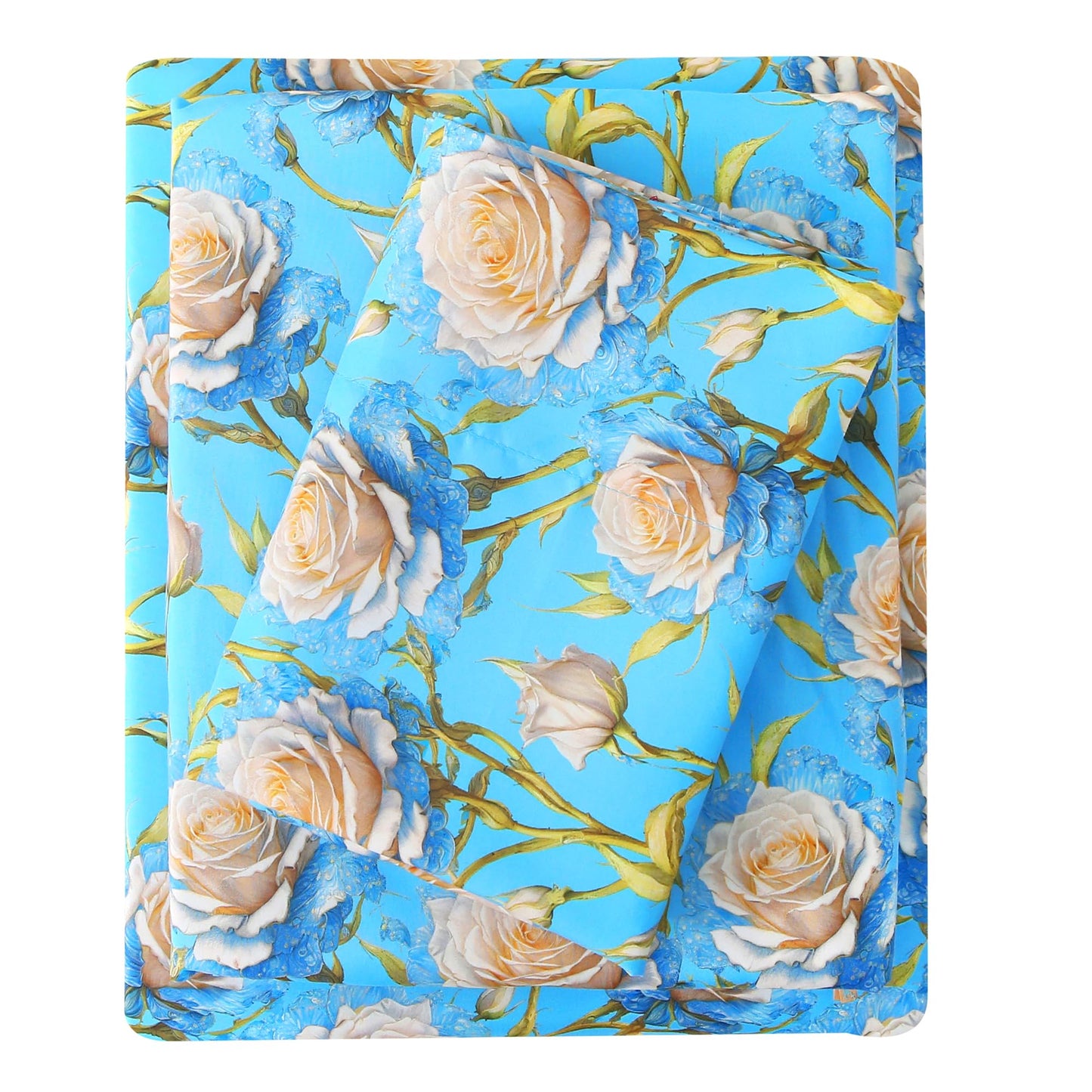 Mooreeke Cozy Floral Microfiber Printed Twin Sheet Set - Soft & Breathable 3D Rose Bed Sheets with Deep Pocket - Non-Slip Fitted Design - Blue White Rose Pattern - Full