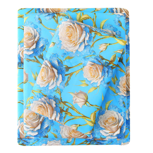 Mooreeke Cozy Floral Microfiber Printed Twin Sheet Set - Soft & Breathable 3D Rose Bed Sheets with Deep Pocket - Non-Slip Fitted Design - Blue White Rose Pattern - Queen