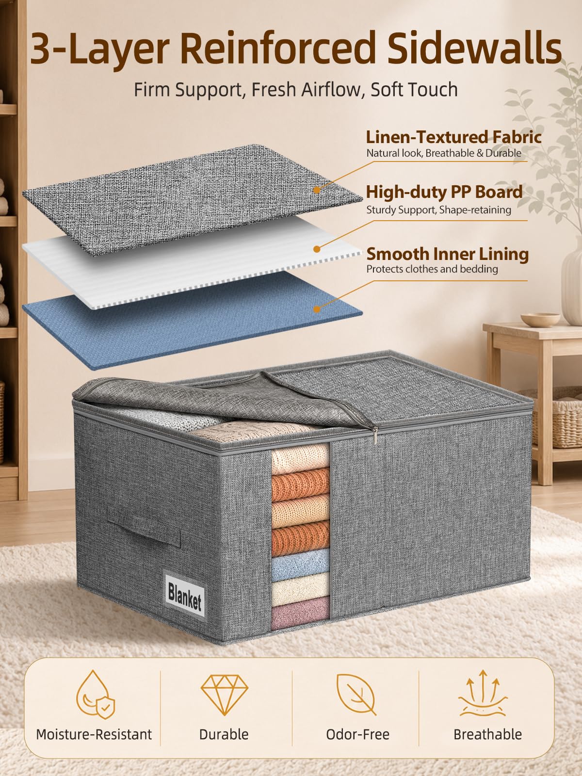 boailydi 60L Blanket/Comforter Storage Bag w/Rigid Side & Bottom Support, Stackable Clothes Storage Bin for Sweaters Bedding Sets Quilts Pillows, Closet Organizer, 21.7x14.2x11.8in, 2 Pack, Gray