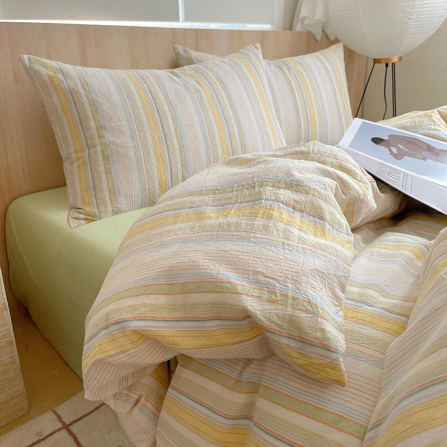 EAVD Retro Striped Duvet Cover Queen Soft Washed Cotton Colorful Wide Pinstriped Bedding Set with 2 Pillowcases Modern Farmhouse Geometric Pattern Duvet Cover with Zipper Closure