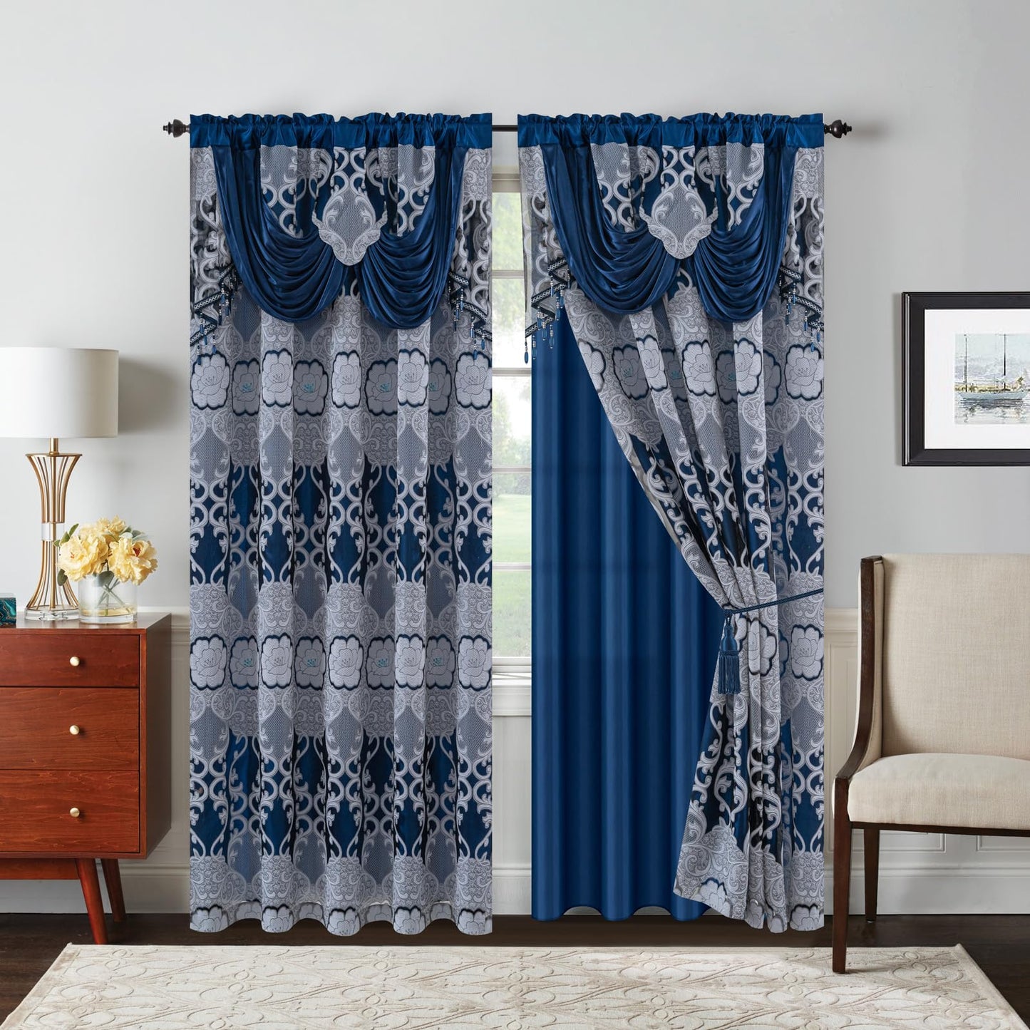 Petrichor Navy Sheer Jacquard Voile Curtains （54" W x 84" L）, 2 Panels with Attached Valance, Double Layer Floral Cutwork Design with Luxurious Texture, Rod Pocket, for Bedroom & Living Room