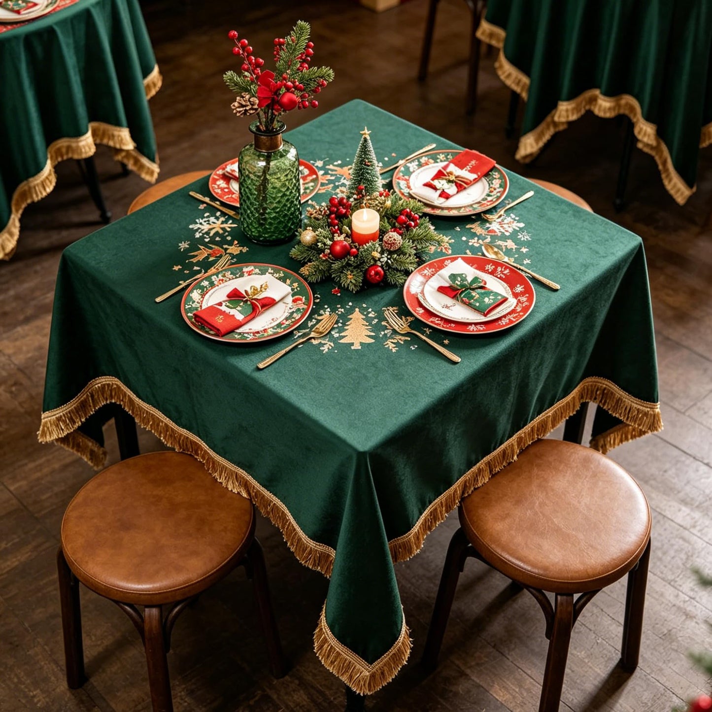 FAIRY KAARI Velvet Tablecloth Luxurious Green Rectangle Table Tablecloth Thickset with Luxurious Gold Tassels Table Cloth for Home Decor Christmas Wedding, Party, Banquet and Events 55X55inch