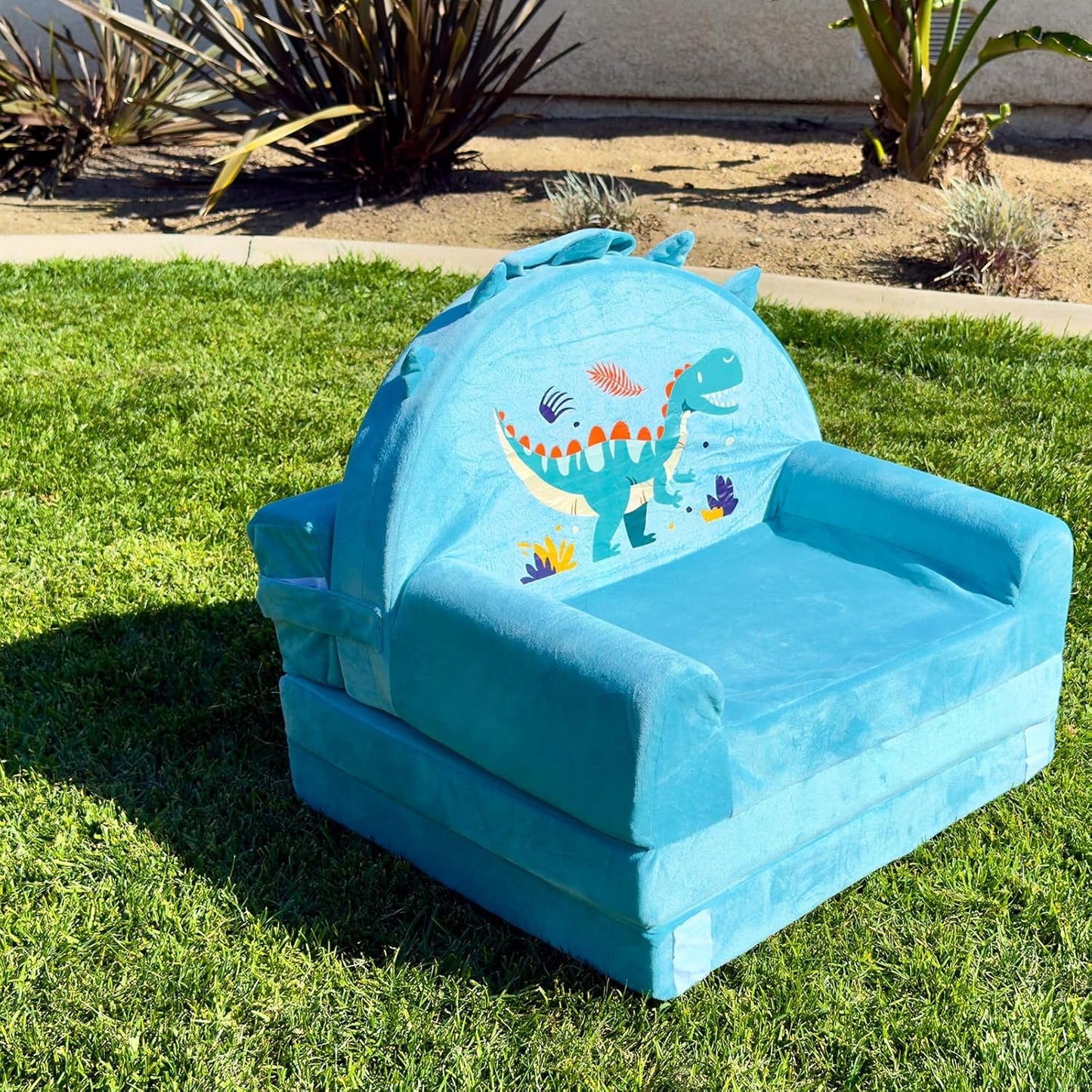 Dinosaur Kids Sofa Bed with Removable Washable Cover & Magic-Tape Backrest – Foldable Toddler Chair, Cozy Crystal Velvet Furniture for Playtime, Naps & Travel (Soft Ggreen, Dino Design)