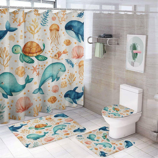INSFBRB Funny Cartoon Dolphin Shower Curtain Set,Colorful Cute Sea Wildlife Jellyfish Sea Turtle Coral Nautical Fish 4 Pcs Bathroom Decor Accessories with 12 Hooks