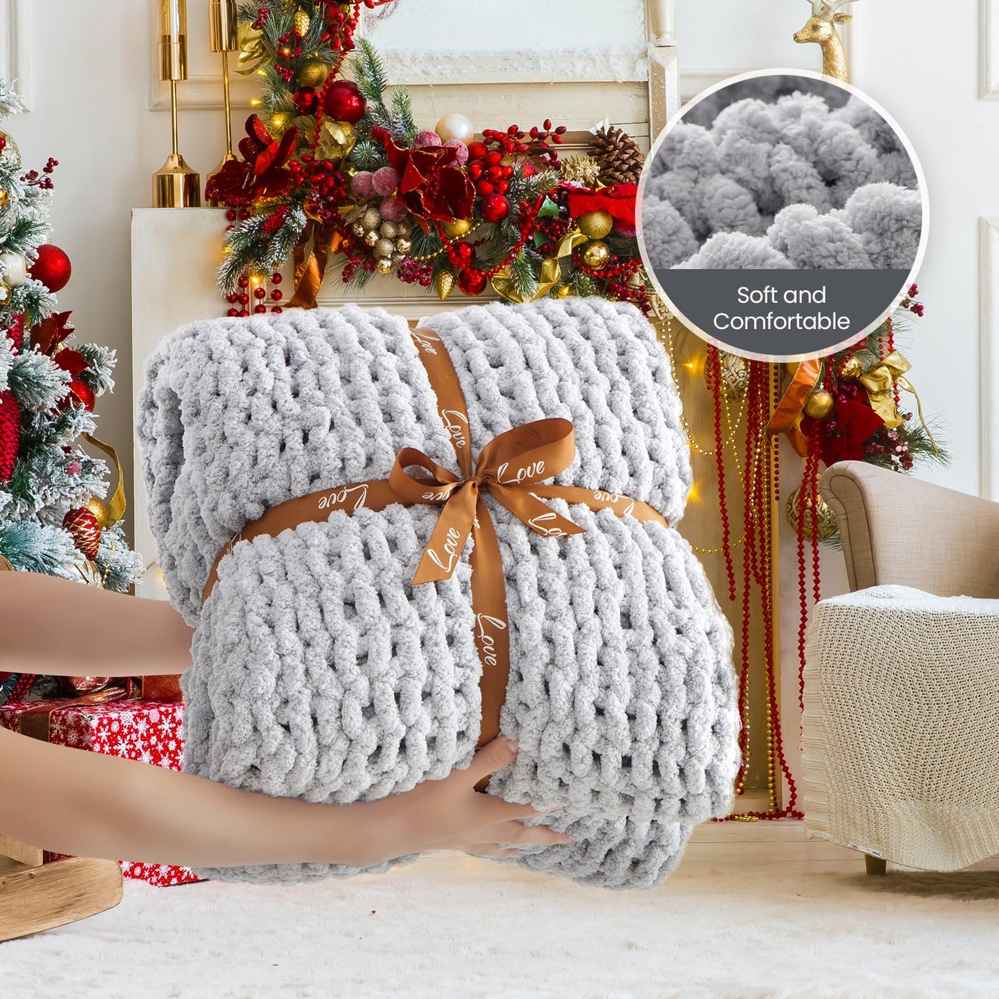 YJLMLY Chunky Knit Throw Blanket,50x60 Inch Heavy 4.4lbs, Hand Knit Chenille Couch Blanket, Soft Cable Knit Gift for Women Mom Wife, Modern Home Decor
