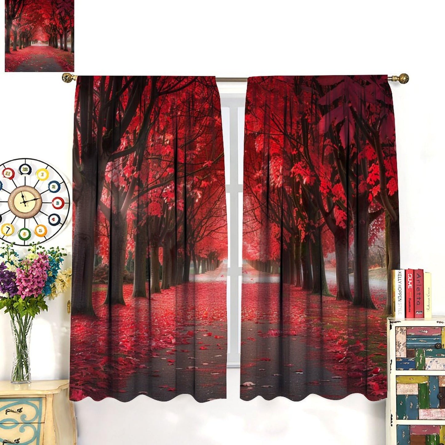 TOWINSFB Autumn Red Maple Leaves Blackout Curtains, Street Tree Plant Leaf Home Decor Rod Pocket Window Drapes for Living Room Bedroom - 42" W x 63" L