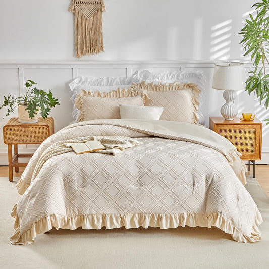 Flysheep Tufted Grids Ruffle Comforter Set Twin Size, 3 Pieces Beige Vintage Farmhouse Shabby Chic Comforters, Jacquard Boho Bohemian Bedding Set for Kids (1 Ruffled Comforter+ 2 Pillow Shams)