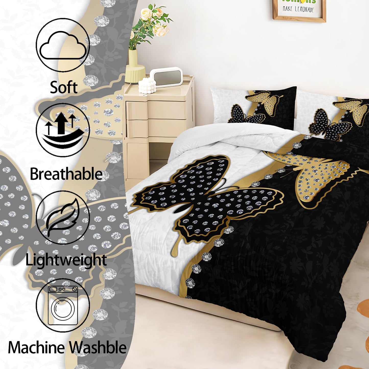 AILONEN Butterfly Comforter Set Queen Size, Black Gold Butterfly Diamonds Pattern Bedding Set for Girls Adults,Luxury Black White Soft Lightweight Duvet Set 3 Pieces(1 Comforter + 2 Pillowcases)