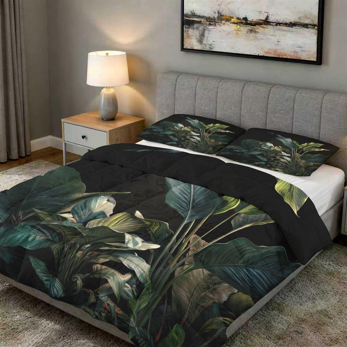 Tropical Leaves Comforter Set King Size 3Pc, Botanical Palm Leaf Pattern Down Alternative Bed Comforter, 2 Pillow Shams, Soft All Season Bedding, Tropical Leaves Bedroom Decor AF2445