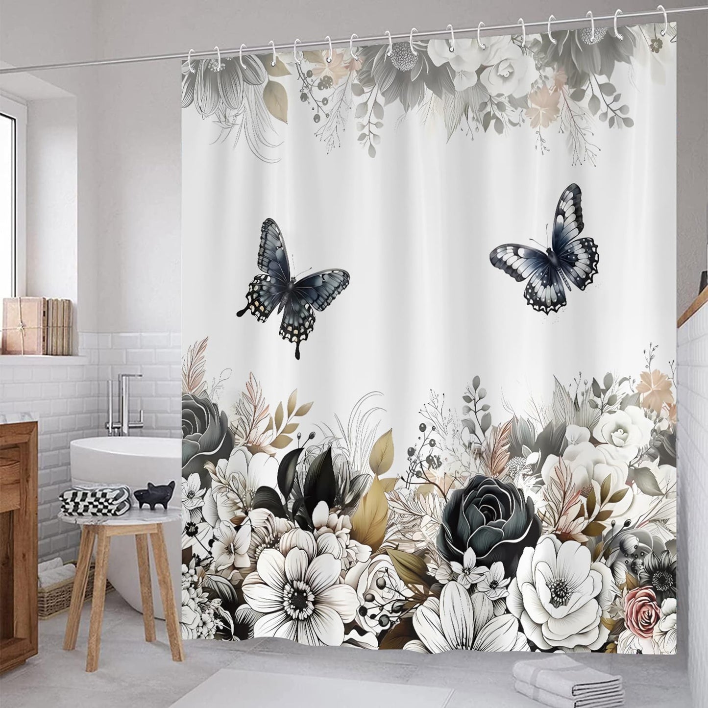 Aqrbeci Black White Floral Shower Curtain, Flower Butterfly Shower Curtains for Bathroom Grey Floral Leaf Waterproof Fabric Bathroom Curtains 72x72 Inch with 12 Plastic Hooks
