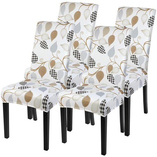 SearchI Dining Room Chair Covers Set of 4, Stretch Printed Floral Parsons Chair Slipcovers Removable Washable Kitchen Chair Protector Cover for Dining Room, Hotel, Ceremony (Checked Leaf Pattern)
