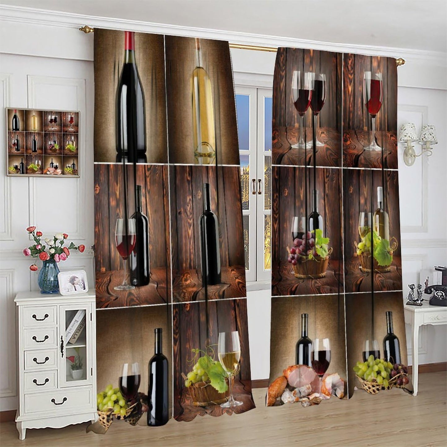 BenYaSong Wine Decor Window Curtain Wine Themed Collage on Wooden Backdrop with Grapes and Meat Rustic Country Drink for Home Kitchen Livingroom Coffee Room Window Curtain Drapes 2 Panels 42x45 Inch