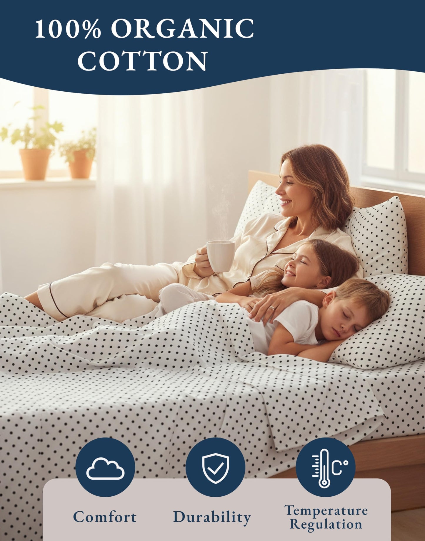 LANE LINEN Queen Size Sheets Deep Pocket 100% Organic Cotton GOTS Certified Percale Weave Deep Pocket 4 Piece Soft Breathable Cooling Lightweight All Season Machine Washable Crisp - Polka Dot-Black