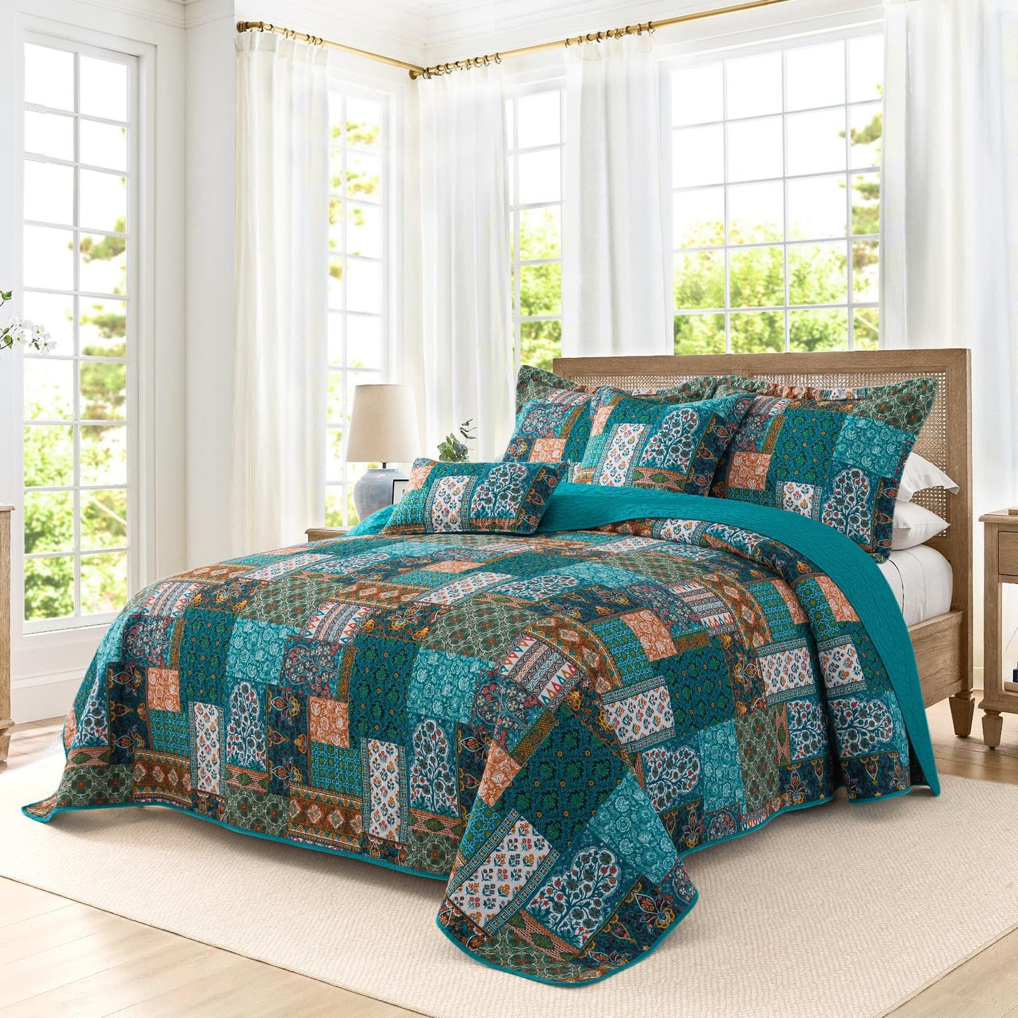 BEDIFANY Cotton Queen Size Quilt Set, Lightweight Bedspread Queen Coverlet, Soft Farmhouse Quilt Bedding Sets for Bed Decorations All Seasons (3 Pieces, Green)