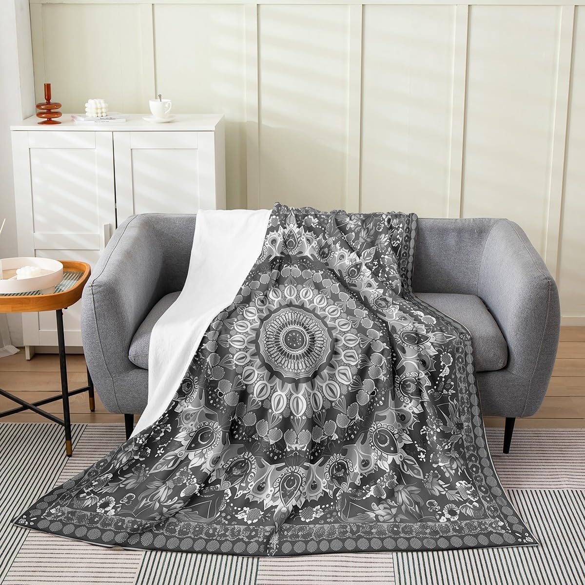 Erosebridal Mandala Flannel Blanket Queen Inch Peacock Feather Fleece Blanket Lotus Flower Leaves Print Hippie Fuzzy Plush Throw Petal Pattern Grey White Retro Living Room Decor