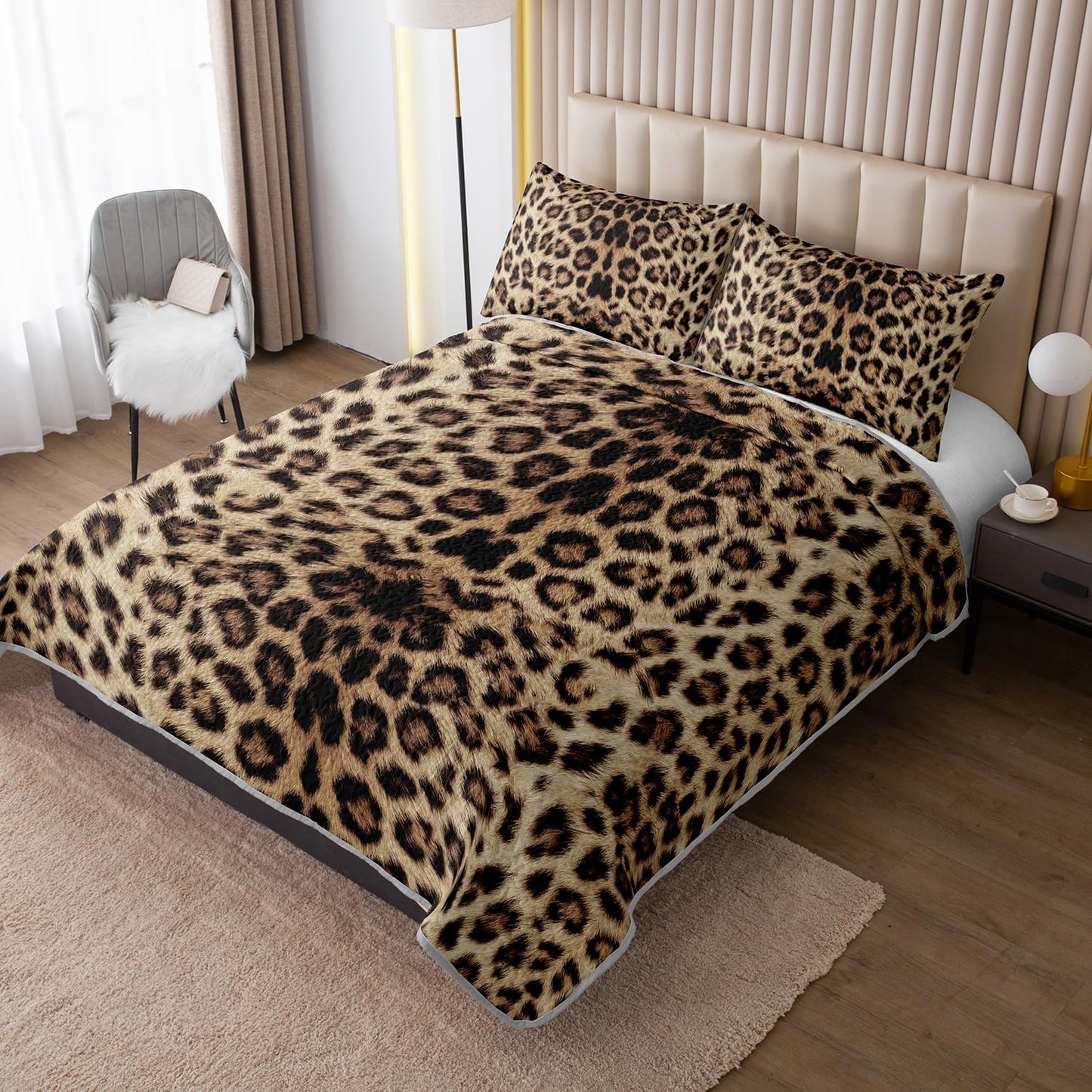 HOSIMA Leopard King Size Quilt,Brown Lightweight Animal Themed Cheetah Bedding Set,Leopard Print Soft Summer Quilts King for Adults Bedroom Decor with 2 Pillowcases.