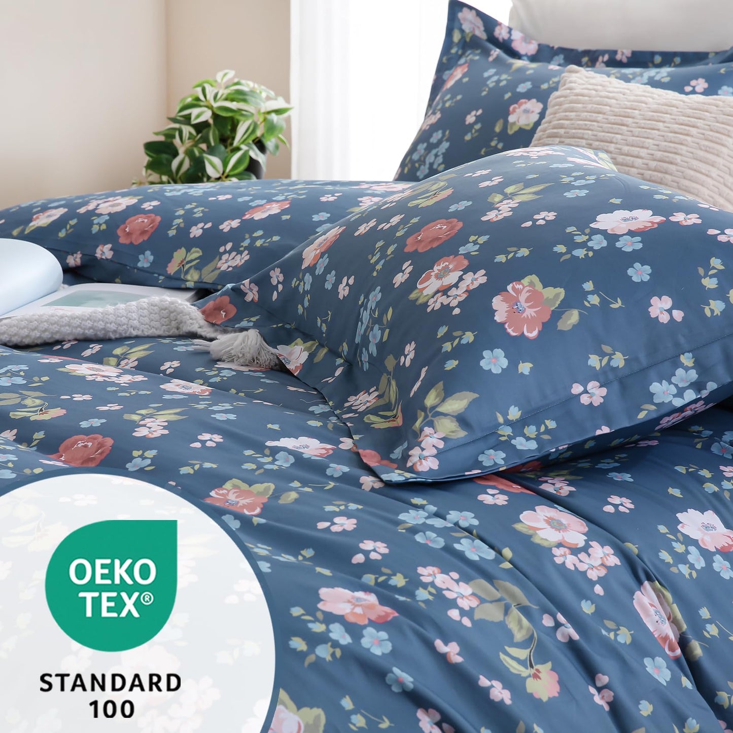 Ocharo Spring Floral 100% Cotton Duvet Cover King Size for Girls,Botanical Flowers Reversible Comforter Cover with Zipper Closure,3 Pieces Soft & Breathable Navy Pink Bedding Set for All Seasons