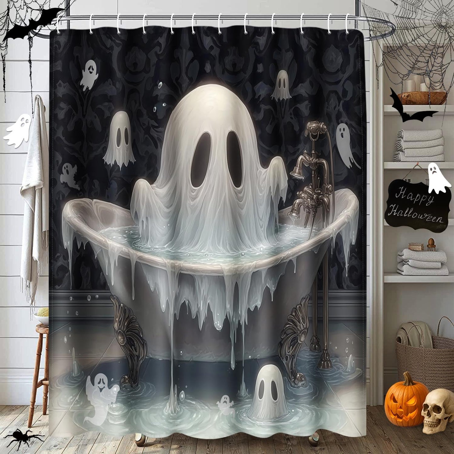 Arttown Halloween Horror Ghosts Bathroom Set with Shower Curtain and Rugs and Accessories Big and Small Ghosts Bathtub Water Black Shower Curtain Set Bathroom Decor 3-Piece Set