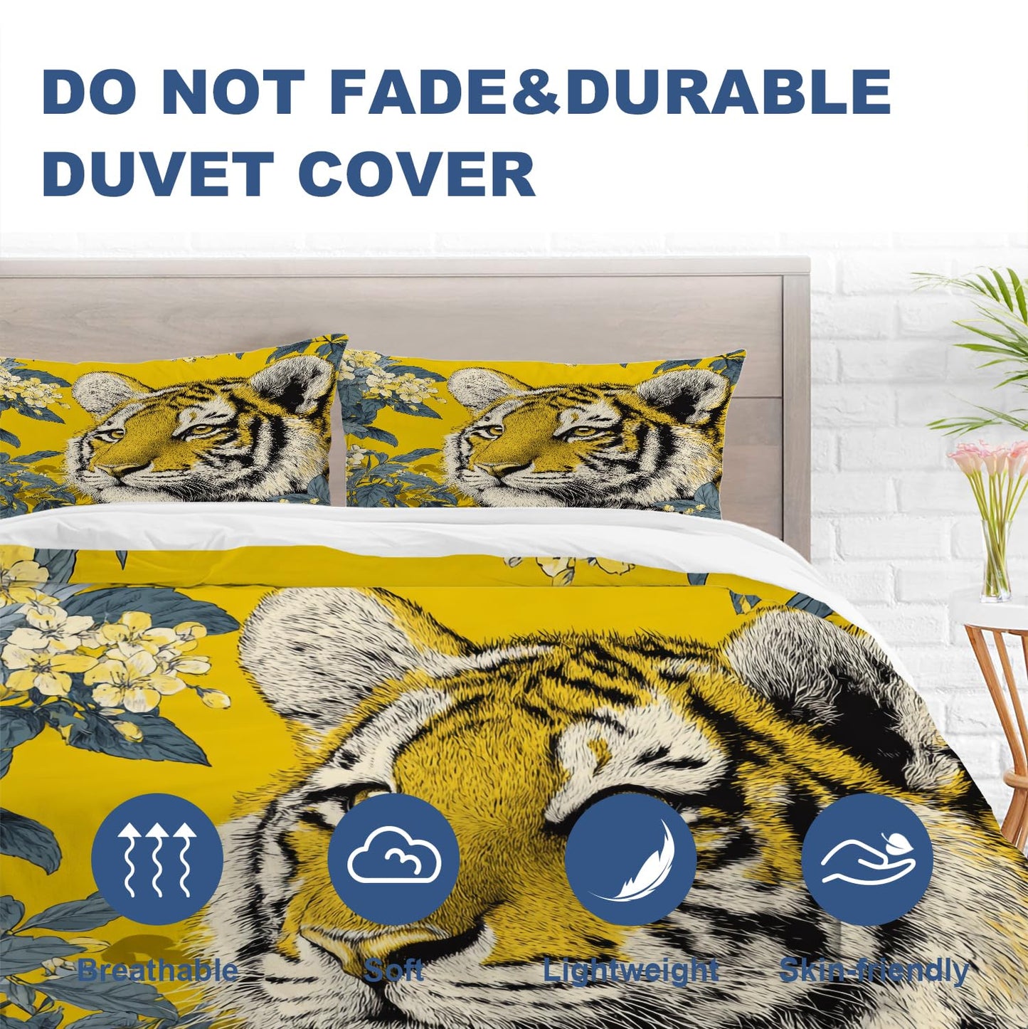 Batmerry Cute Tiger in Yellow King Size 3 Pieces Bedding Duvet Cover Sets, Soft Tiger Yellow Flowers 100% Cotton Printed Duvet Cover for All Season