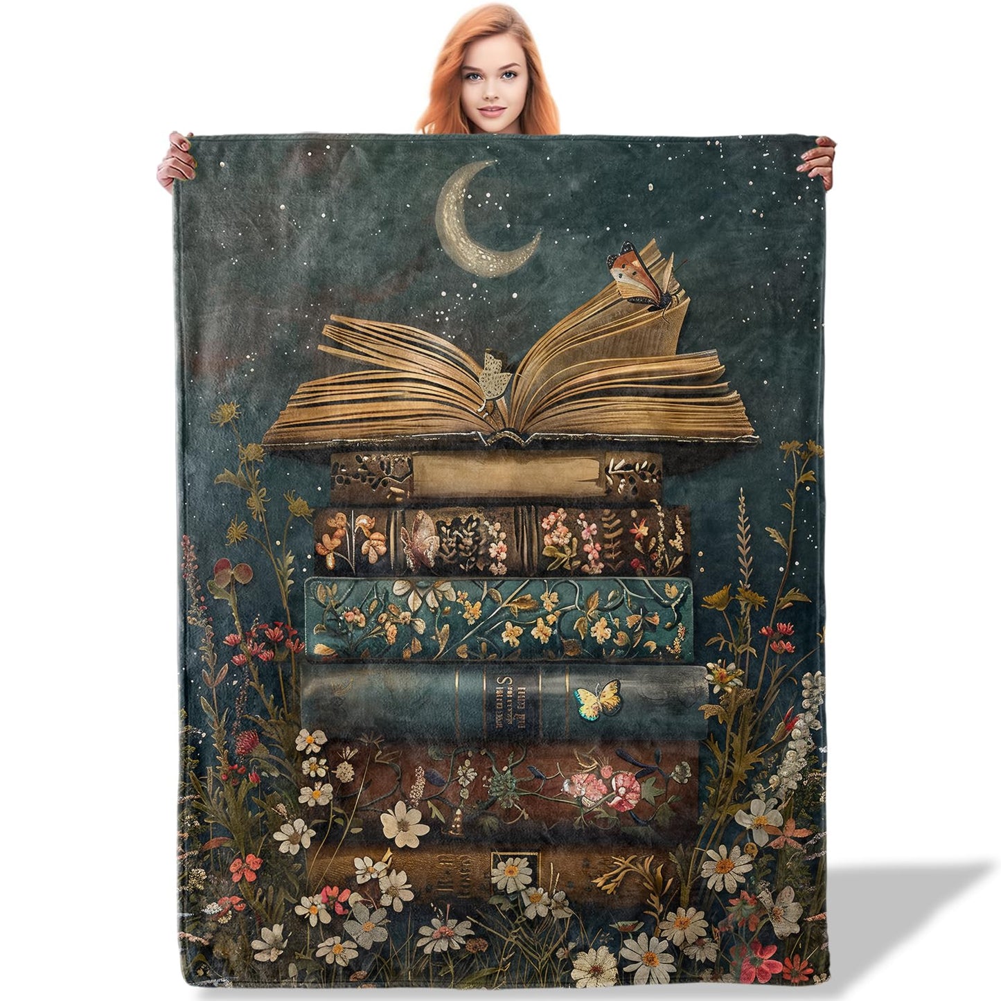 Plistiz Floral Book Stack Throw Blanket for Women Girls Boys, Soft Flannel Blankets Gifts for Living Room Couch, Home, Sofa Decor, 50"x60"