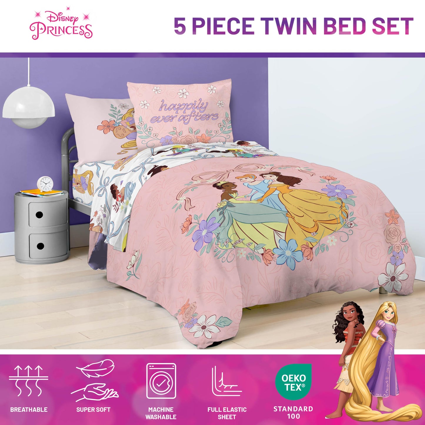 Jay Franco Kids Comforter Set Includes Sheets and Pillow Covers - Soft and Cozy Bed Set for Stylish Room Decor, Pink – Disney Princess, 5 Piece Twin