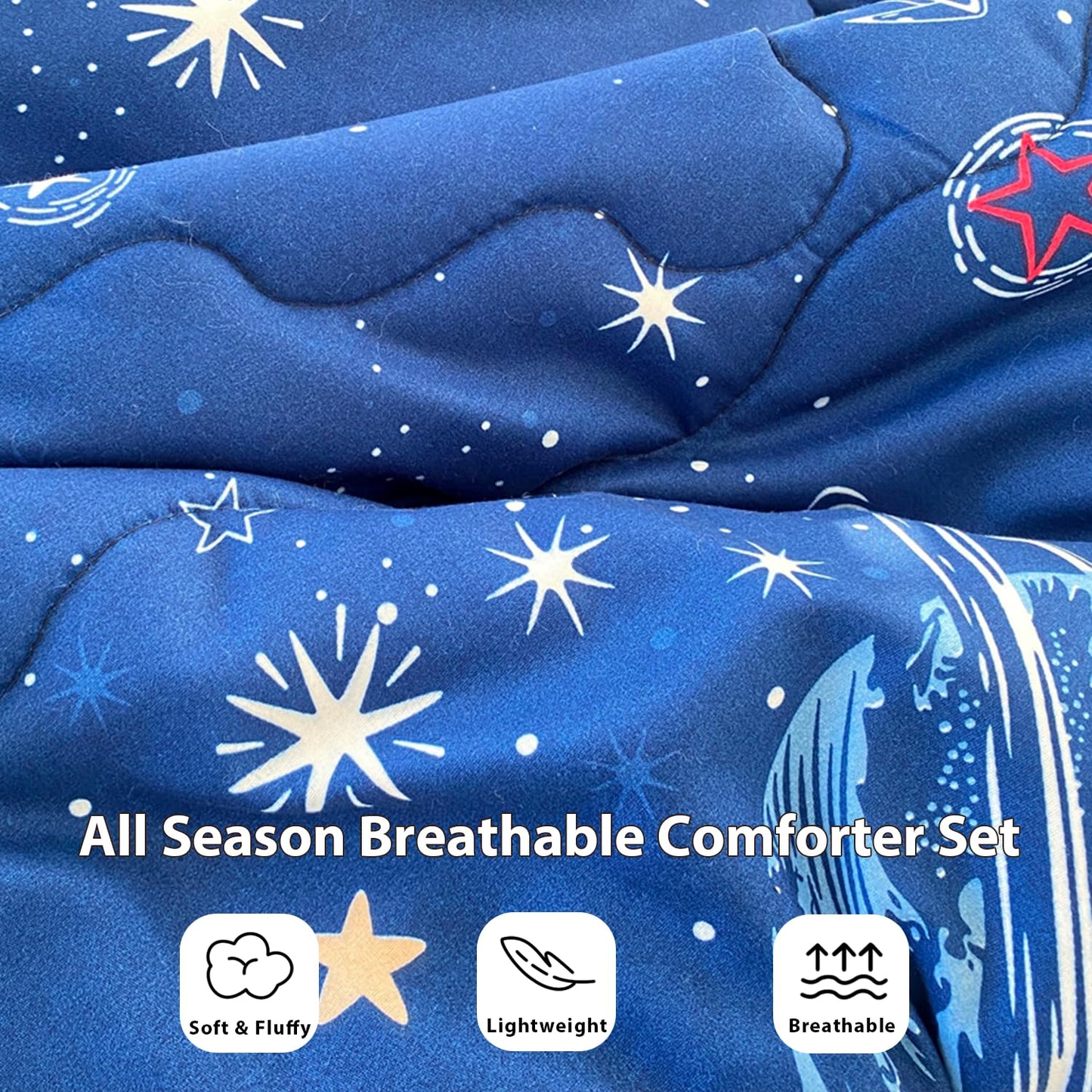 Gusuhome 7 Piece Boys Space Comforter Set Twin Size Bed in A Bag Star Rocket Galaxy Universe Planets Bedding Set for Kids Teens Girls Microfiber Blue Quilt All Season