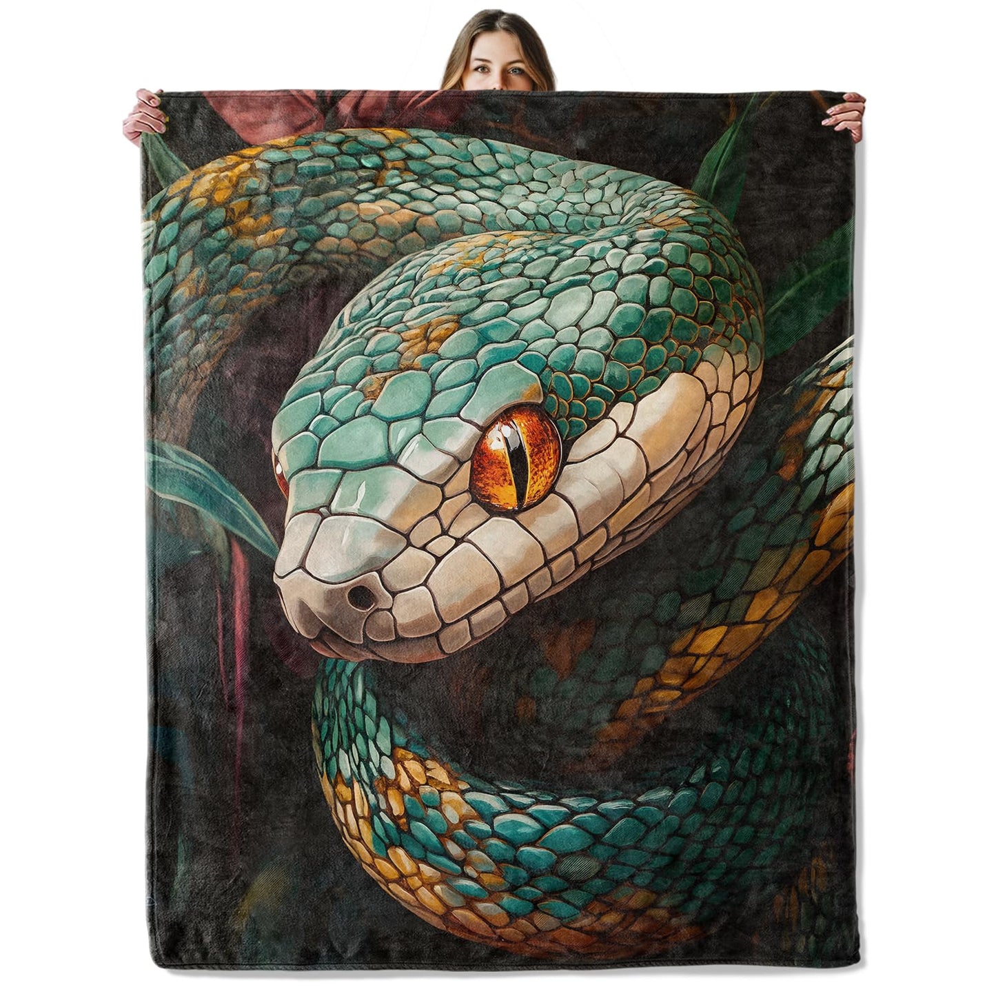 Green Snake Throw Blanket for Girls Boys Kids Adults, 50x60 in, Cozy Flannel Blanket for Bedroom, Camping, Couch, Room Decor, Fuzzy Warm Soft Gifts