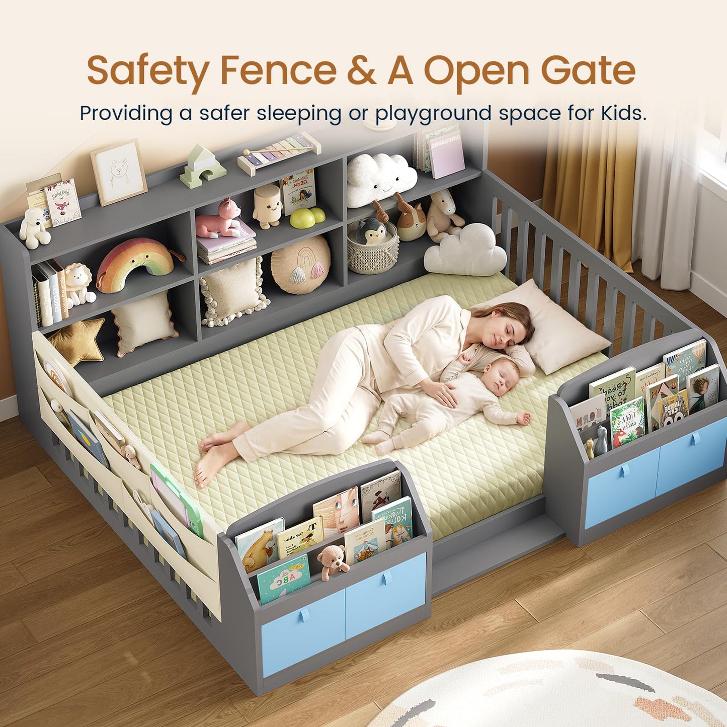 AOGLLATI Full Size Floor Wooden Montessori Bed Frame for Kids Boys Girls with 4 Fabric Drawers, Both Sides Bookshelves, 2-Tier Side Shelf, Side Pockets and Rails, Without Slats, Grey