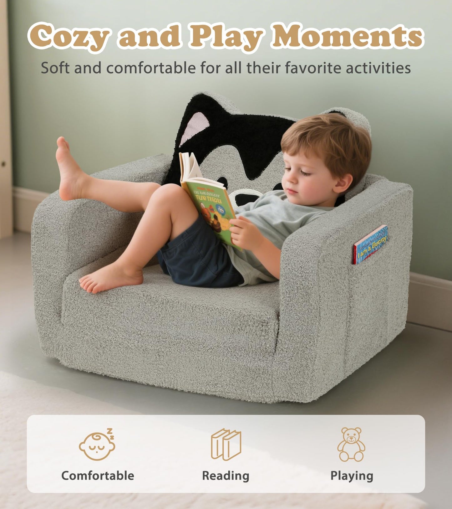 Foryoomi Upgraded Kids Couch, 2-in-1 Soft Top-Flip Fold Out with Blanket, Comfy Convertible Plush Sofa Chair, Great Gifts for Little Ones, Husky